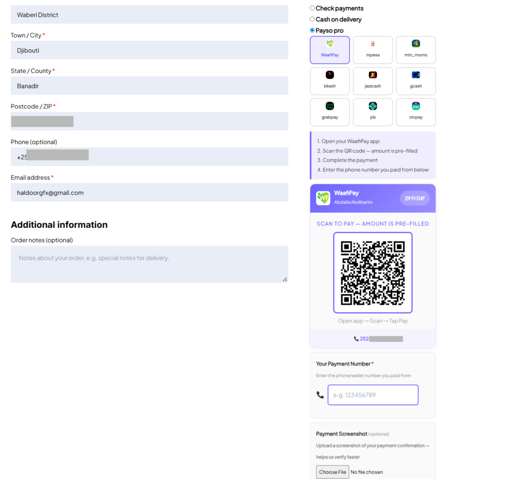 I have attached thi screenshot so you can see exactly what this looks like on the checkout page — the wallet selector, QR code, payment instructions, and the phone number field.